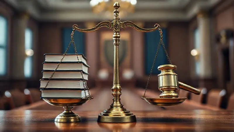 A photorealistic, professional photography, 8K, cinematic lighting, sharp focus, depth of field, shot on a high-end DSLR, depicting a set of antique brass scales of justice, perfectly balanced, with a stack of legal books on one side and a single, heavy gavel on the other. The background is a blurred, stately courtroom interior, symbolizing the delicate balance of law and justice.