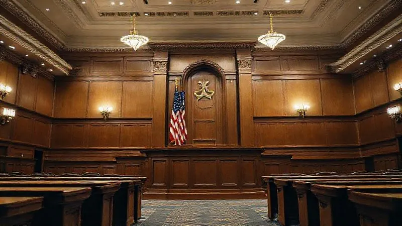 A photorealistic, professional photography, 8K, cinematic lighting, sharp focus, depth of field, shot on a high-end DSLR, depicting a grand courtroom scene from a low angle, focusing on the judge's bench and the American flag prominently displayed. The courtroom is empty but well-lit, conveying solemnity and the weight of the law, symbolizing the higher legal process of appeals and systemic justice.