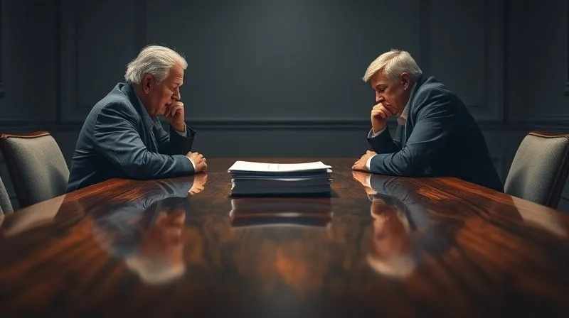 A photorealistic image of two individuals, one older and one younger, seated at opposite ends of a long, polished wooden table in a dimly lit, formal room. Their body language is tense, shoulders hunched, avoiding eye contact. A stack of legal documents sits between them. Cinematic lighting casts long shadows, highlighting the emotional strain and disagreement. Sharp focus, depth of field, 8K, professional photography, shot on a high-end DSLR, conveying family conflict.