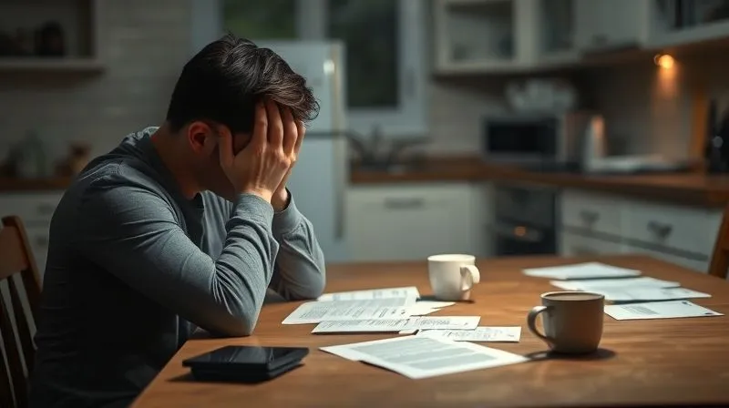 A photorealistic image of a person sitting alone at a kitchen table, head in hands, looking stressed and overwhelmed. Papers are scattered around, and a half-empty coffee cup sits nearby. The lighting is dim, emphasizing a sense of isolation and burden. Sharp focus on the person, depth of field blurring the background, 8K, professional photography, shot on a high-end DSLR, conveying emotional and financial stress.