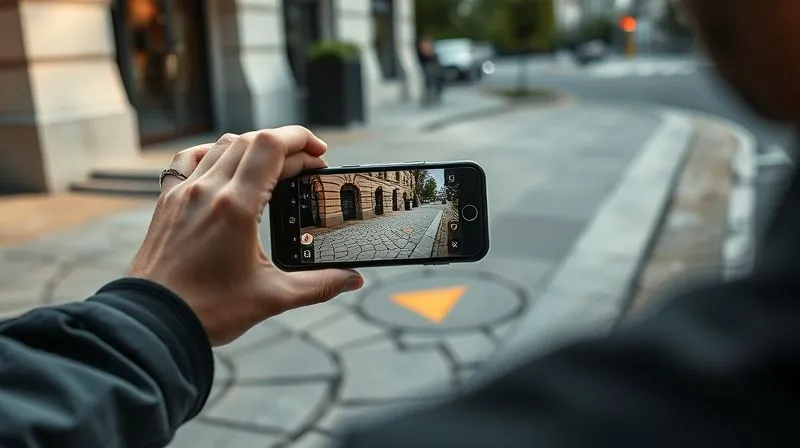 A photorealistic, professional photograph of a person carefully taking multiple photos of a cracked and uneven sidewalk with their smartphone, showing the surrounding building and street. The hazard is clearly visible. Cinematic lighting, sharp focus on the phone and hazard, depth of field, 8K hyper-detailed.