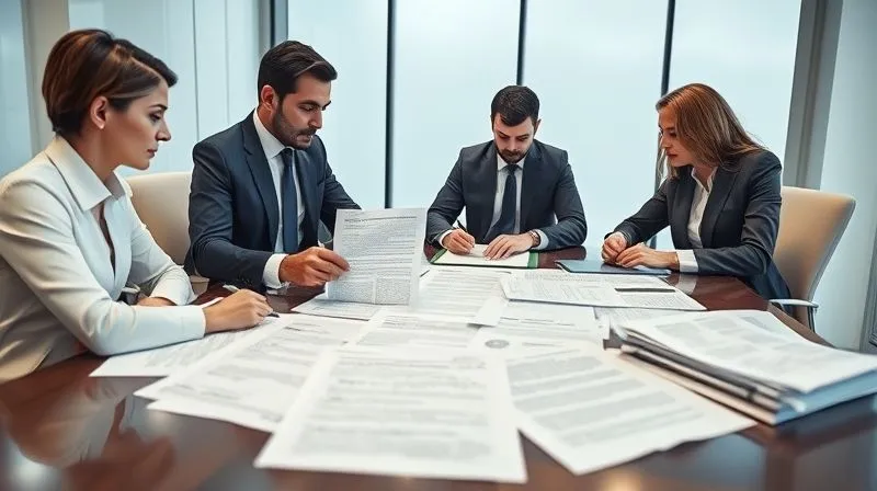 A photorealistic image of a legal team in a modern, well-lit conference room, intensely reviewing a stack of complex property deeds, lease agreements, and maintenance contracts spread across a large table. One lawyer points to a specific clause while another takes notes. Cinematic lighting, sharp focus on the documents and faces, depth of field, 8K hyper-detailed, professional photography.