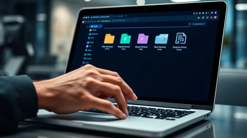A photorealistic image of a well-organized digital data room interface on a sleek laptop screen, showing clearly labeled folders and documents, with a professional business person's hands lightly resting on the keyboard, signifying preparedness and control. Cinematic lighting, sharp focus on the screen, depth of field blurring the background of a modern office. 8K hyper-detailed, professional photography.