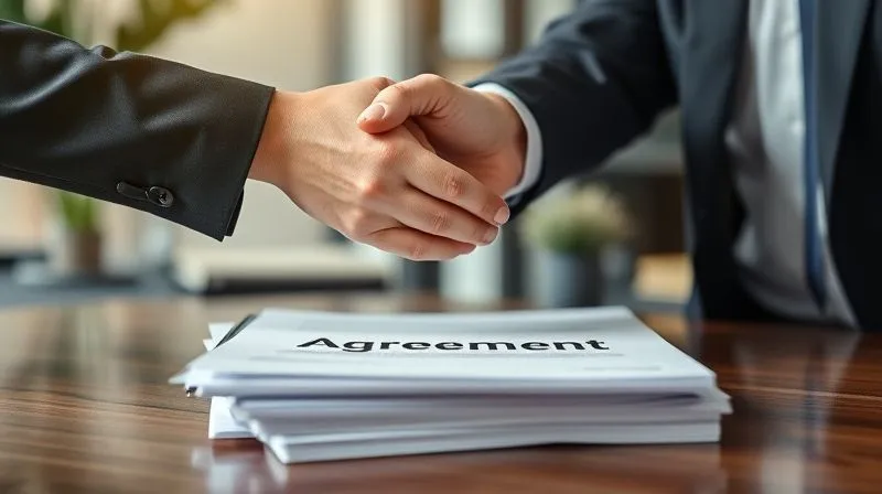 A photorealistic image of two hands, one in a dark suit and one in a lighter suit, firmly shaking hands over a stack of legal documents with a prominent 'Agreement' title, symbolizing a critical moment in contractual negotiation. The background is a blurred, professional office. Cinematic lighting, sharp focus on the handshake and documents, depth of field. 8K hyper-detailed, professional photography.