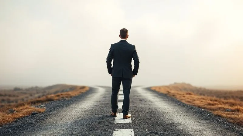 A photorealistic image of a business person standing at a crossroads, looking down two diverging paths, one clear and well-lit, the other shrouded in fog and shadows, symbolizing a difficult decision point in a complex business negotiation. Cinematic lighting, sharp focus on the person and paths, depth of field blurring the distant background. 8K hyper-detailed, professional photography.