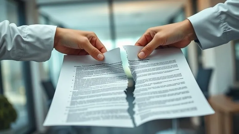 photorealistic, professional photography, 8K, cinematic lighting, sharp focus, depth of field, shot on a high-end DSLR. Two hands pulling apart a complex, detailed contract document, symbolizing disagreement and the tearing of an agreement. The background is blurred, showing a modern office setting, with a sense of tension and conflict.