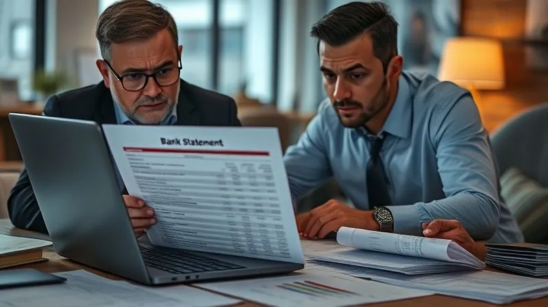 A photorealistic image of a distressed business owner looking at a frozen bank statement on a laptop, surrounded by scattered financial documents, with a tax professional calmly advising them, cinematic lighting, sharp focus on the faces, depth of field blurring the background, 8K hyper-detailed.