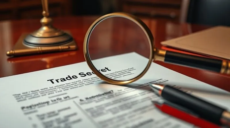photorealistic, professional photography, 8K, cinematic lighting, sharp focus, depth of field, shot on a high-end DSLR. A legal document with a magnifying glass over a section labeled 'Trade Secret Definition,' with meticulous notes and highlighted text around it. The scene is set on a polished mahogany desk in a sophisticated law office, conveying deep analysis and precision.