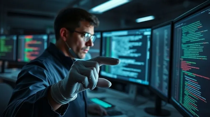 photorealistic, professional photography, 8K, cinematic lighting, sharp focus, depth of field, shot on a high-end DSLR. A forensic investigator working in a dimly lit, high-tech lab, surrounded by multiple computer screens displaying complex code and data visualizations. A gloved hand points to a recovered digital file on a screen, with a sense of intense focus and discovery.