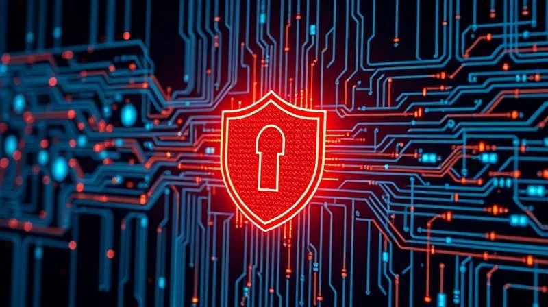 A photorealistic image of a digital firewall or shield icon projected onto a complex network of glowing data streams, symbolizing robust cybersecurity. Cinematic lighting, sharp focus, 8K, professional photography, depth of field.