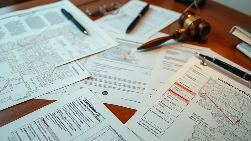 A photorealistic close-up of various legal documents and maps, some with red markings indicating errors or disputes, spread across a polished wooden desk. The scene is lit with warm, investigative light, creating a sense of uncovering hidden details. 8K, sharp focus on the documents, depth of field blurring the background, professional photography.