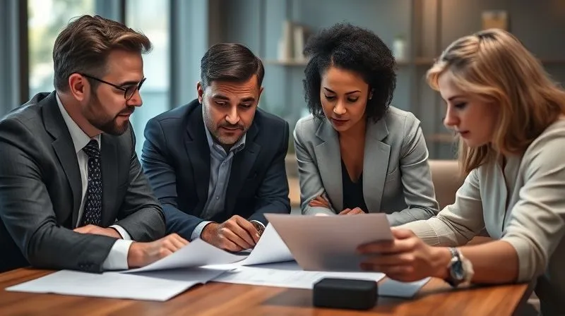 A photorealistic, professional photography shot of a diverse team of legal and real estate professionals (attorney, title agent, surveyor) collaborating around a table, reviewing documents and maps. They are engaged in serious discussion, with a sense of shared problem-solving. Cinematic lighting, sharp focus on their faces and the documents, depth of field blurring the background, 8K hyper-detailed.