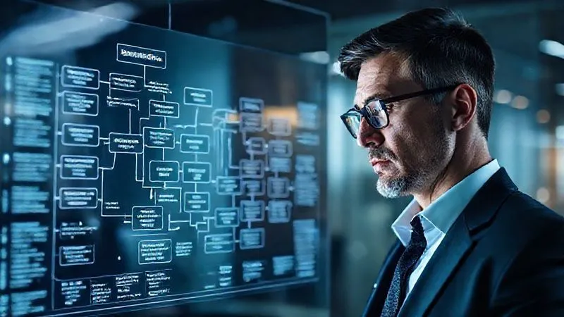 A photorealistic image of a complex, branching flowchart displayed on a transparent screen, with a determined business professional studying it. The flowchart shows pathways for 'Reinstatement' and 'Reapplication' with various conditions and steps. Futuristic, cinematic lighting illuminates the screen and the professional's face, conveying strategic planning and complex decision-making. Sharp focus on the flowchart, depth of field blurring a modern office background. 8K hyper-detailed, shot on a high-end DSLR.