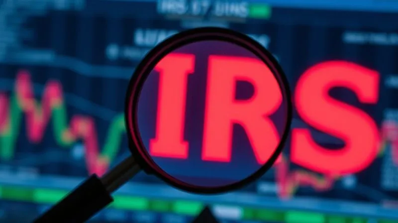 A photorealistic, professional photography, 8K, cinematic lighting, sharp focus, depth of field, shot on a high-end DSLR. A magnifying glass hovering over a complex digital ledger or blockchain visualization on a screen, with a blurred IRS letter in the background, symbolizing scrutiny on digital assets. The mood is analytical and precise.