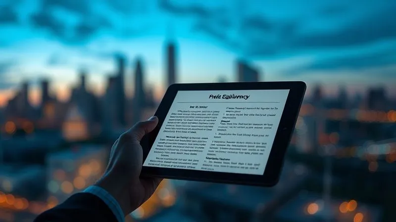 A photorealistic, professional photography, 8K, cinematic lighting, sharp focus, depth of field, shot on a high-end DSLR. A person's hand holding a tablet displaying complex legal texts or IRS guidance on cryptocurrency, with a blurred background of a dynamic digital city skyline at dawn, symbolizing evolving regulations and foresight. The mood is forward-looking and informed.