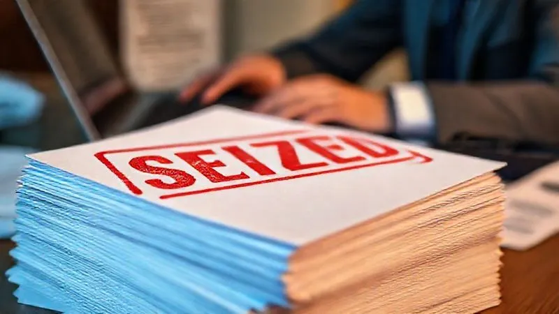 A photorealistic, professional photography, 8K, cinematic lighting, sharp focus, depth of field, shot on a high-end DSLR, of a stack of official-looking documents with a red "SEIZED" stamp prominently visible on the top page. In the background, a blurred figure of a legal professional is seen diligently typing on a laptop, surrounded by legal texts, emphasizing urgent documentation and legal review.