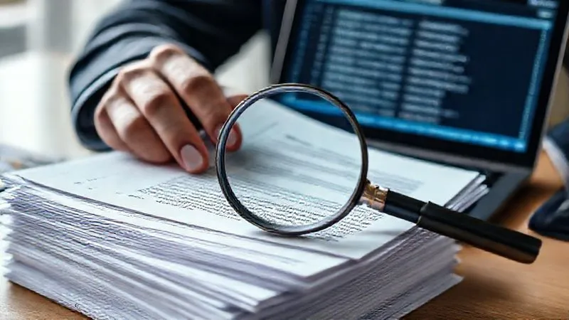 A photorealistic, professional photography, 8K, cinematic lighting, sharp focus, depth of field, shot on a high-end DSLR, of a legal professional's hands meticulously sifting through a stack of international trade documents, including bills of lading and export declarations. A magnifying glass is held over a complex clause, with a laptop displaying a sanctions list in the blurred background, symbolizing intense legal due diligence.