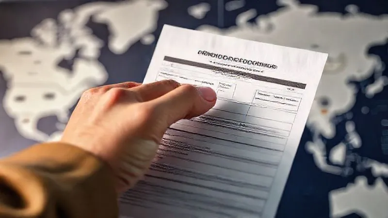 A photorealistic, professional photography, 8K, cinematic lighting, sharp focus, depth of field, shot on a high-end DSLR, of a person's hand carefully filling out an official government license application form. The form has sections for "Sanctions Exemption Request" or "Remission Petition." The background shows a blurred, stylized map of global trade routes, symbolizing the broader context of international commerce.