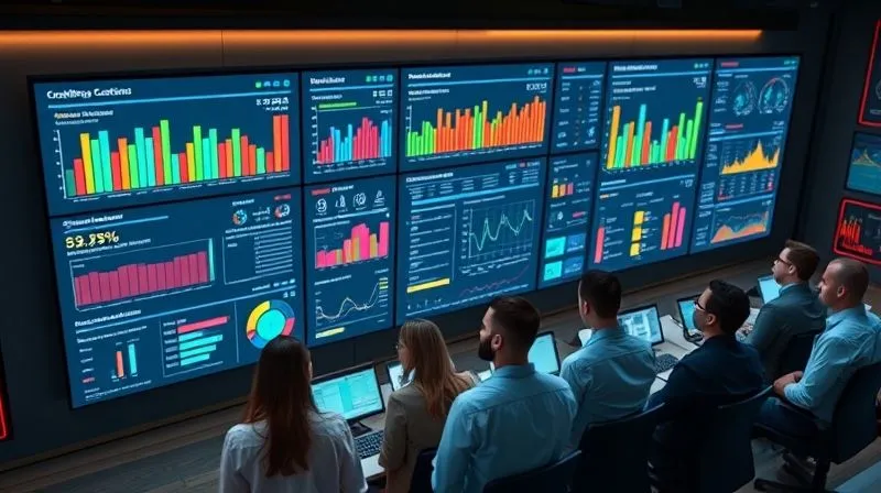 A photorealistic, professional photography, 8K, cinematic lighting, sharp focus, depth of field, shot on a high-end DSLR. A high-angle shot of a sleek, modern digital dashboard displayed on multiple large monitors in a corporate control room. The dashboard shows various compliance metrics, progress bars for corrective actions, risk indicators, and real-time alerts, all in vibrant, easy-to-read data visualizations. A diverse team of professionals is actively observing and discussing the data, demonstrating intense focus on monitoring and oversight of a compliance remediation plan.