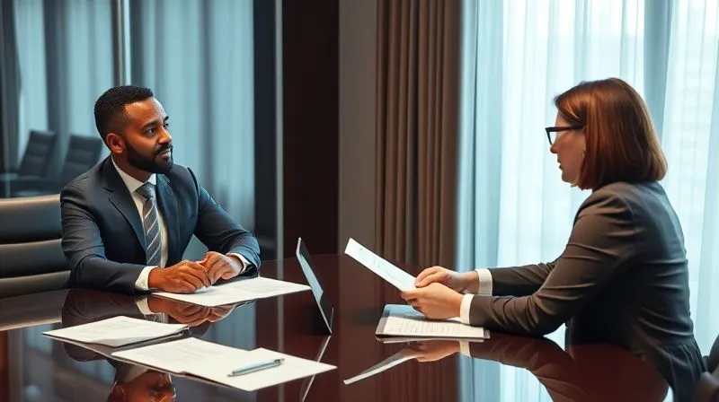 A photorealistic, professional photography, 8K, cinematic lighting, sharp focus, depth of field, shot on a high-end DSLR, depicting two professionals (one business owner, one tax advisor) engaged in a serious but constructive discussion across a polished conference table, with legal documents and a laptop open. The atmosphere is collaborative problem-solving, with a subtle sense of progress and resolution.