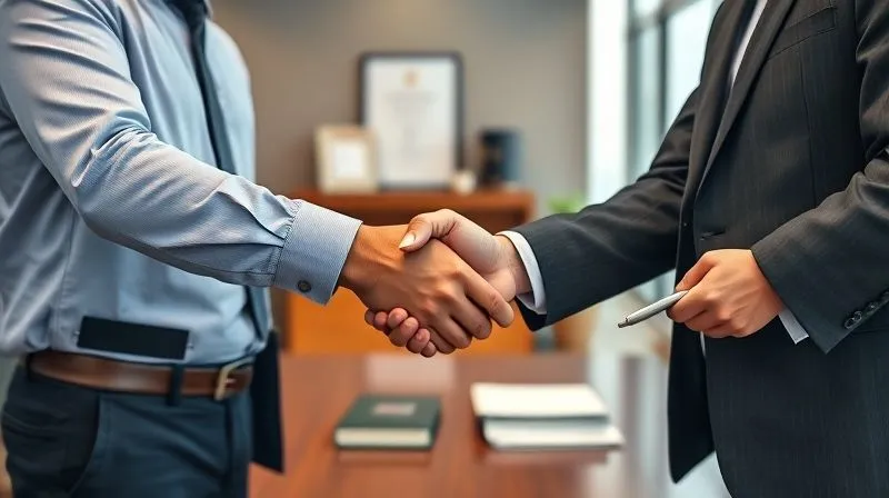 A photorealistic, professional photography, 8K, cinematic lighting, sharp focus, depth of field, shot on a high-end DSLR, depicting a business owner shaking hands with a tax attorney in a well-appointed office, conveying trust and professional partnership after a successful consultation. The background shows a diploma and legal books, emphasizing expertise.
