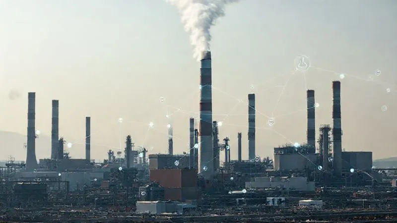 A photorealistic, professional photography, 8K, cinematic lighting, sharp focus, depth of field, shot on a high-end DSLR of a complex industrial facility with multiple smokestacks, under a clear but slightly hazy sky. Overlayed subtly are digital data points and lines connecting emission points to regulatory symbols, representing environmental monitoring and compliance data. The overall impression is one of intricate regulatory oversight.