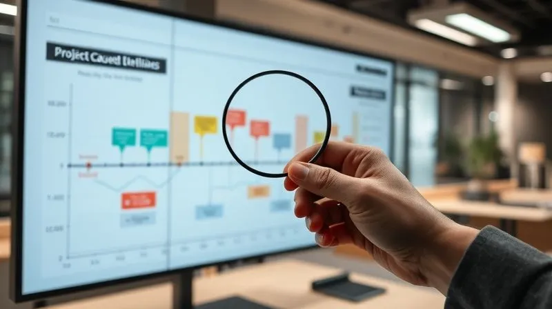 A photorealistic image of a detailed timeline chart displayed on a large monitor, with various colored markers indicating project milestones, critical communication points, and instances of government-caused delays. A hand holding a magnifying glass hovers over a specific section of the timeline, emphasizing scrutiny and the need for evidence. The background is a modern, organized office environment. Professional photography, 8K, cinematic lighting, sharp focus on the timeline and magnifying glass, depth of field, shot on a high-end DSLR.