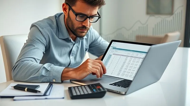 A photorealistic image of a determined business person meticulously reviewing a complex financial spreadsheet on a laptop, with a calculator, legal pads, and a pen on a clean, modern desk. The person's expression is focused, indicating careful analysis and problem-solving. In the soft-focused background, a subtle graph showing fluctuating financial data is visible. Professional photography, 8K, cinematic lighting, sharp focus on the person, laptop, and immediate desk items, depth of field, shot on a high-end DSLR.