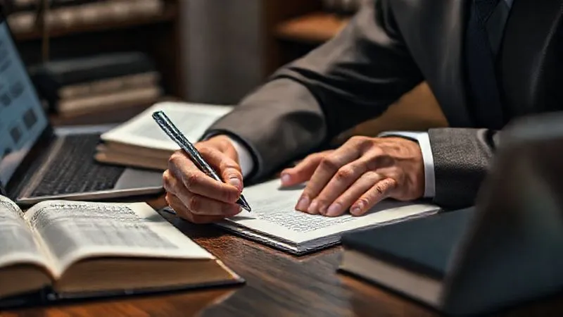 Photorealistic, professional photography, 8K, cinematic lighting, sharp focus, depth of field, shot on a high-end DSLR. A criminal defense attorney at their desk, intensely focused on writing notes in a legal pad, surrounded by open law books and a laptop displaying legal documents. The lighting is focused on their hands and the notepad, emphasizing the act of meticulous documentation in a serious, ethical context. The background is slightly blurred, suggesting a busy but organized legal office.