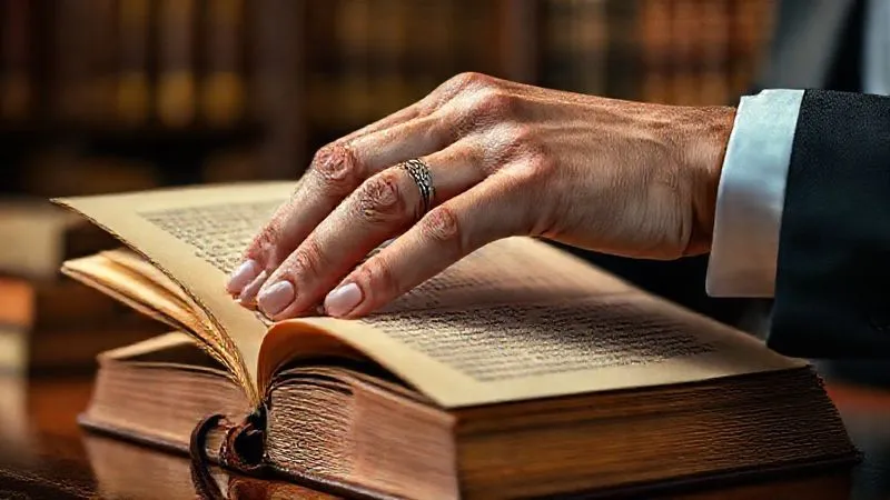 Photorealistic, professional photography, 8K, cinematic lighting, sharp focus, depth of field, shot on a high-end DSLR. A lawyer's hand, adorned with a subtle wedding band, is meticulously turning the pages of an antique, leather-bound law book, perhaps a volume on legal ethics or professional responsibility. A warm, focused light illuminates the page, emphasizing the gravity and detail of the legal research. The background is a blurred, classic law library setting, suggesting deep study and adherence to legal principles.