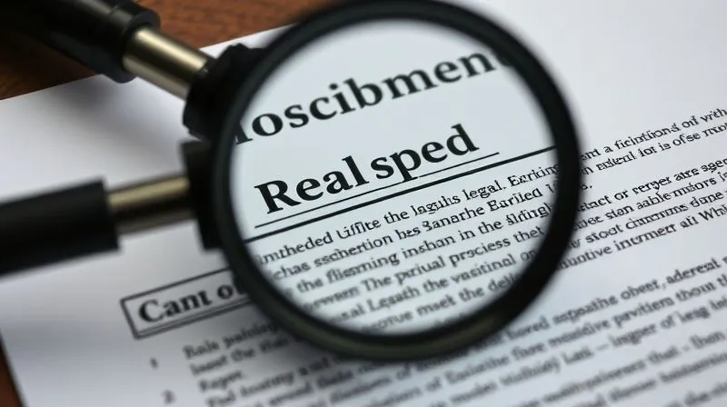 A close-up, photorealistic image of an official-looking legal document with a magnifying glass meticulously examining the text, highlighting specific legal jargon. Cinematic lighting, sharp focus, depth of field. Professional photography, 8K, shot on a high-end DSLR.