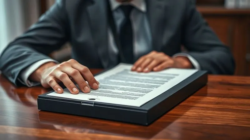 A photorealistic image of a professional, looking thoughtfully and intently at a formal, sealed document on a polished wooden desk. The lighting is soft but focused, creating a sense of gravitas and contemplation. Sharp focus on the document and the professional's hands, depth of field blurring the background. Professional photography, 8K, shot on a high-end DSLR.