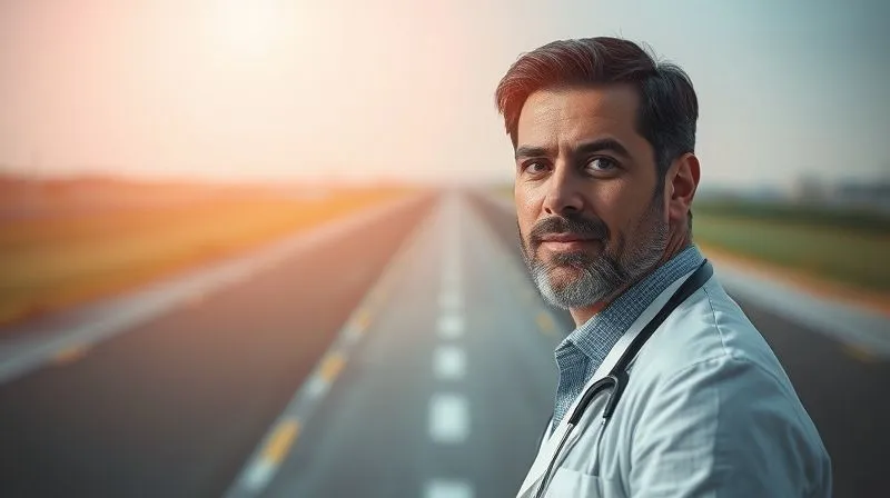 A photorealistic, professional photography image of a professional (e.g., doctor, lawyer) looking confidently forward, with a clear, brightly lit path stretching into the distance. The background is sharp and in focus, symbolizing clarity and resolution. Cinematic lighting, depth of field. 8K, shot on a high-end DSLR.