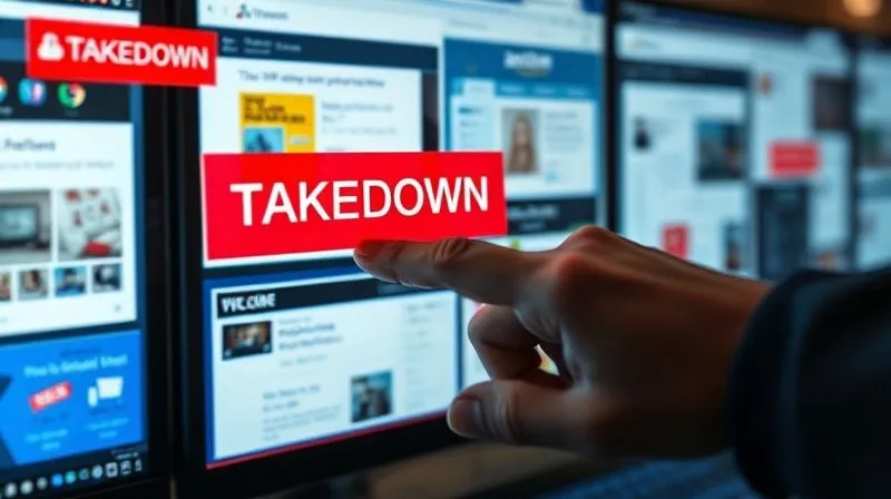 A photorealistic image of a series of digital screens showing various online platforms (e-commerce sites, social media feeds) with red 'Takedown' or 'Infringement' alerts overlaid, symbolizing digital IP enforcement. A hand points to one of the alerts. Cinematic lighting, sharp focus on the screens, depth of field, 8K hyper-detailed, professional photography, shot on a high-end DSLR.