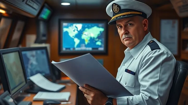 Photorealistic, professional photography, 8K, cinematic lighting, sharp focus, depth of field, shot on a high-end DSLR. A ship's captain, looking stern but composed, holding official documents in a cramped ship's office, with a computer screen in the background displaying a port map. The atmosphere is serious and focused, emphasizing the burden of responsibility during a vessel arrest.