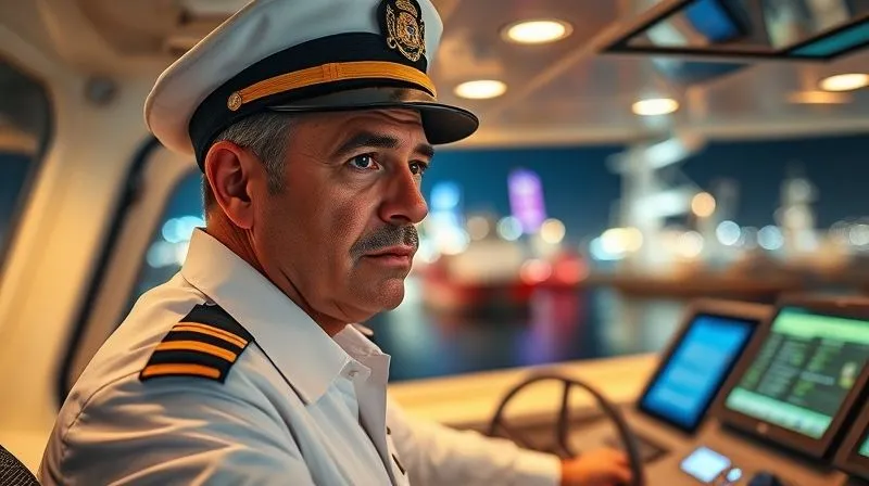 A photorealistic, professional photography, 8K, cinematic lighting, sharp focus, depth of field, shot on a high-end DSLR of a captain or senior officer on a ship's bridge, illuminated by the soft glow of navigation screens, looking out intently at a foreign port. Their expression is serious and focused, conveying a sense of urgent problem-solving under pressure. No visible text or logos.