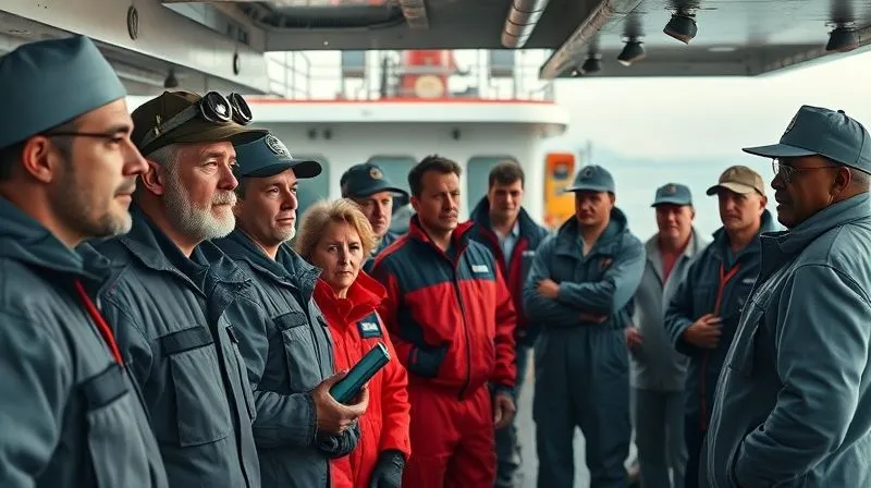 A photorealistic, professional photography, 8K, cinematic lighting, sharp focus, depth of field, shot on a high-end DSLR of a diverse group of ship crew members gathered on the deck of an arrested vessel, looking out towards the foreign port. Their expressions are a mix of concern and camaraderie, with one crew member holding a satellite phone. The scene emphasizes human resilience and the importance of communication during a crisis.
