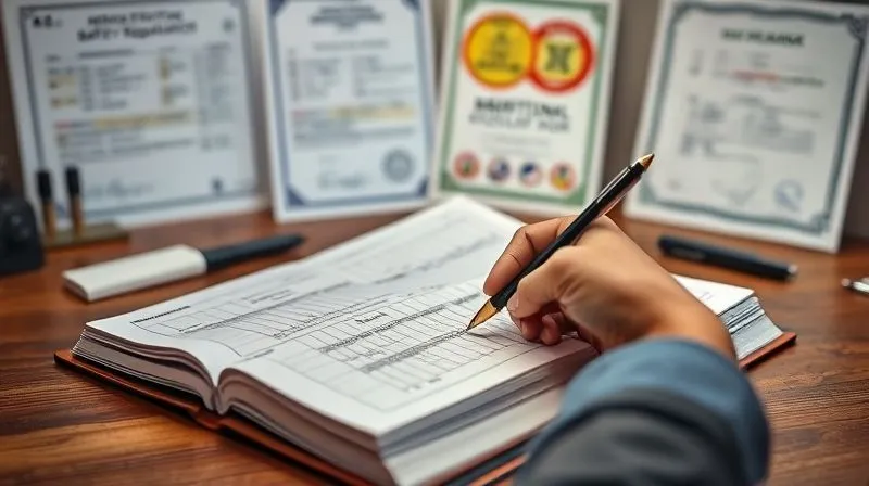 A photorealistic, professional photography, 8K, cinematic lighting, sharp focus, depth of field, shot on a high-end DSLR of a detailed ship's logbook open on a desk, with a hand holding a pen, meticulously recording entries. In the background, subtly blurred, are maritime safety certificates and international regulatory documents, symbolizing compliance and diligent record-keeping as a preventative measure. The lighting is focused and professional.