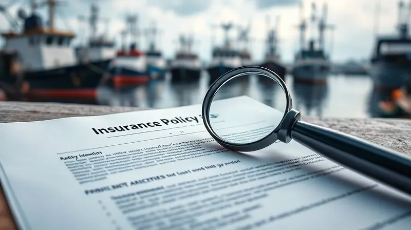 A photorealistic, detailed image of a marine insurance policy document with a magnifying glass over key clauses, set against a backdrop of a calm port with ships. Professional photography, 8K, cinematic lighting, sharp focus on the document, depth of field, shot on a high-end DSLR.