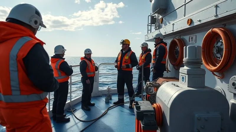 A photorealistic image of a vessel's crew conducting a safety inspection on deck, with clear skies and calm waters, emphasizing proactive measures. Professional photography, 8K, cinematic lighting, sharp focus on the crew and equipment, depth of field, shot on a high-end DSLR.