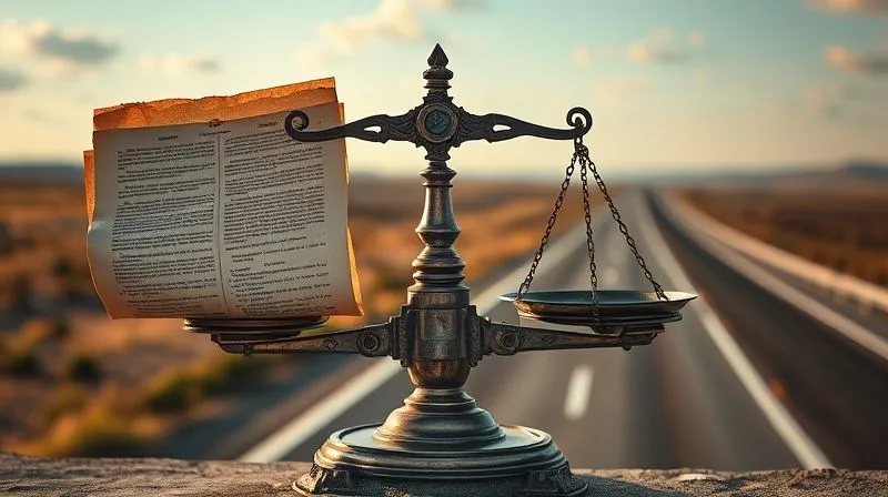 A photorealistic image of a vintage weighing scale, with one side heavily burdened by intricate, abstract legal documents representing state regulations, and the other side showing a clear, open highway stretching into the distance, symbolizing unobstructed interstate commerce. The scale is clearly tipped, indicating an imbalance. Cinematic lighting, sharp focus on the scale, depth of field blurring the background, 8K hyper-detailed, professional photography, shot on a high-end DSLR.