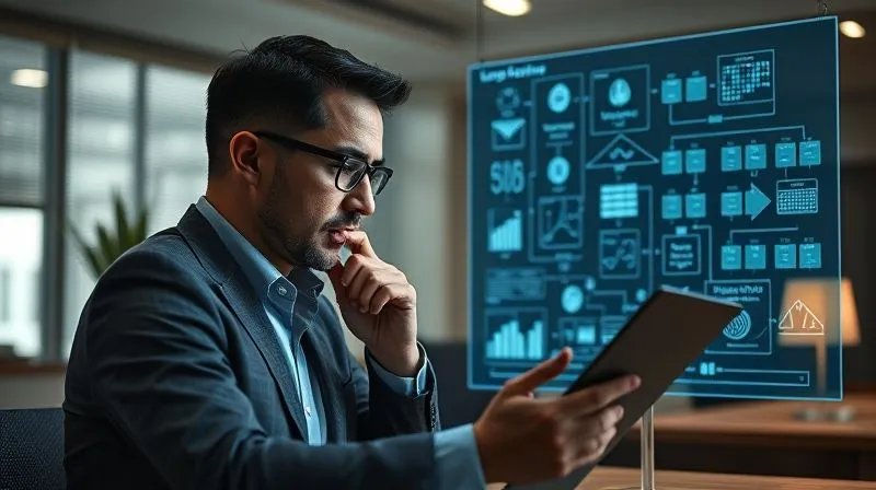 A photorealistic image of a legal strategist in a modern, minimalist office, intently reviewing complex legal documents and flowcharts projected onto a transparent screen. The strategist has a thoughtful, focused expression, surrounded by subtle visual cues of legal research and data analysis. Cinematic lighting, sharp focus on the strategist and screen, depth of field blurring the office background, 8K hyper-detailed, professional photography, shot on a high-end DSLR.