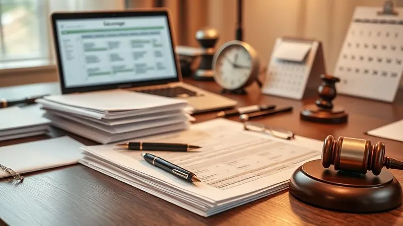 A photorealistic image of a meticulously organized desk with a stack of legal documents, a pen, a laptop displaying a spreadsheet, and a calendar. The scene is bathed in soft, professional light, emphasizing organization and diligence in preparing a legal case. professional photography, 8K, cinematic lighting, sharp focus, depth of field, shot on a high-end DSLR.