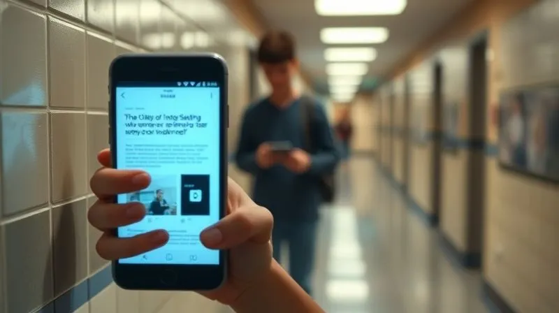 A photorealistic image depicting a blurred student in a school hallway, with a glowing smartphone screen reflecting subtle, fragmented clues (e.g., a partial text, a social media icon) on the wall beside them. The image focuses on the concept of 'reasonable suspicion' – piecing together subtle evidence. Cinematic lighting, sharp focus on the fragmented clues, depth of field blurring the student, 8K hyper-detailed, professional photography.