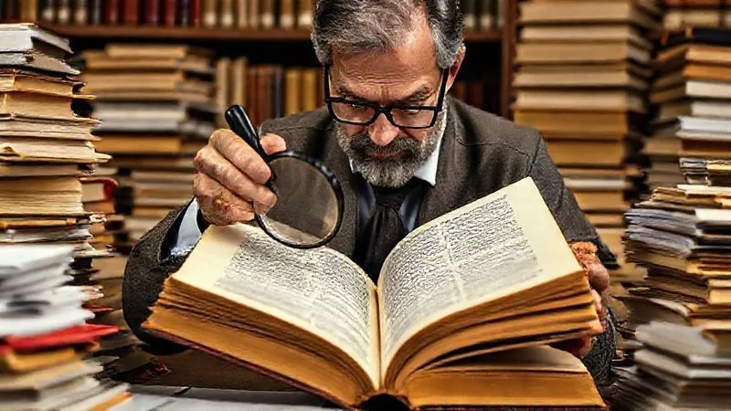 A photorealistic image of a legal scholar meticulously examining a large, old law book, surrounded by stacks of legislative documents and a magnifying glass, emphasizing detailed statutory interpretation. Cinematic lighting, sharp focus on the book, depth of field blurring the background, 8K hyper-detailed, professional photography, shot on a high-end DSLR.