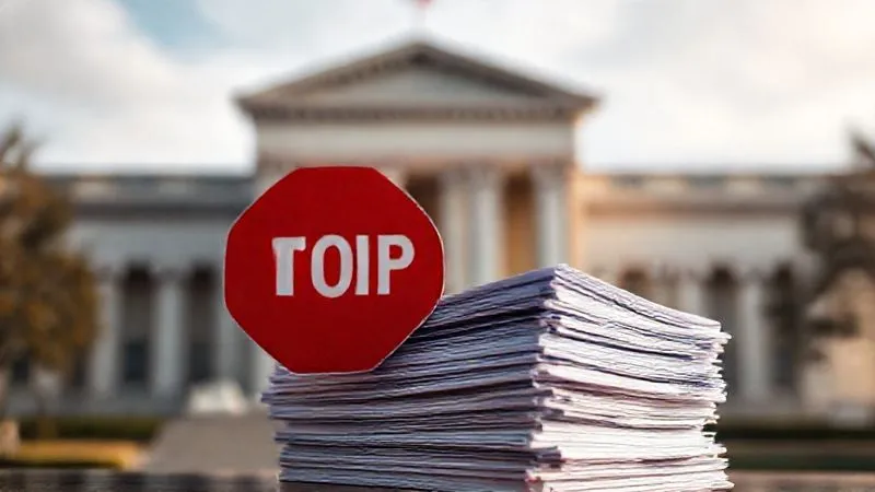 A photorealistic image of a stack of legal documents with a red 'STOP' sign partially obscuring them, set against a blurred background of a government building. Cinematic lighting, sharp focus on the documents and sign, depth of field, 8K hyper-detailed, professional photography, shot on a high-end DSLR.