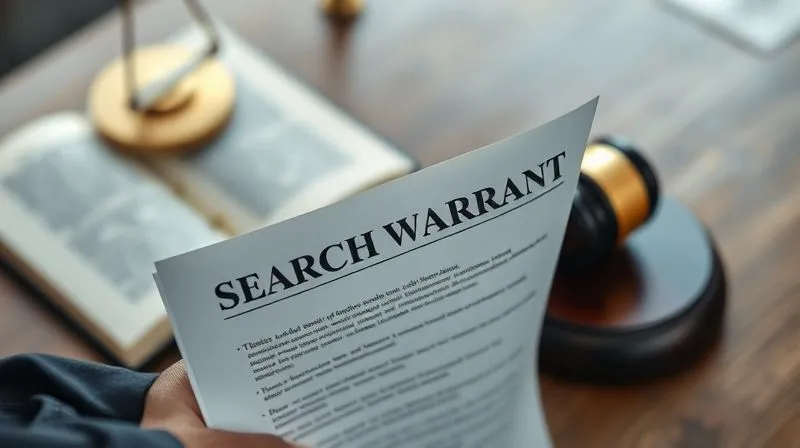 photorealistic, professional photography, 8K, cinematic lighting, sharp focus, depth of field, shot on a high-end DSLR, a close-up of a police officer's hand holding a search warrant, with the text on the warrant blurred but showing legal jargon, while a judge's gavel rests on a law book in the background, out of focus. The scene evokes the tension between legal authority and individual rights.